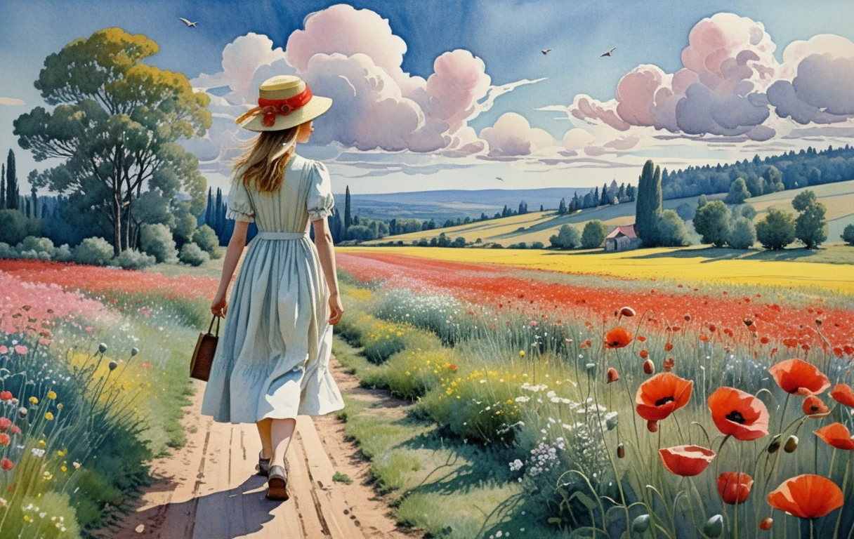 Girl walking through a sunny red poppy field with birds