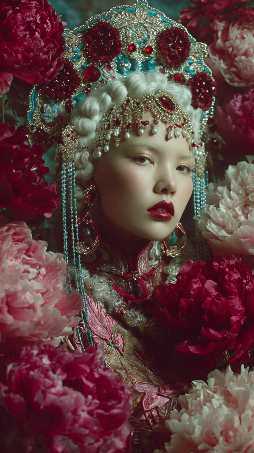 Cinematic portrait of a rococo inspired woman with floral headdress