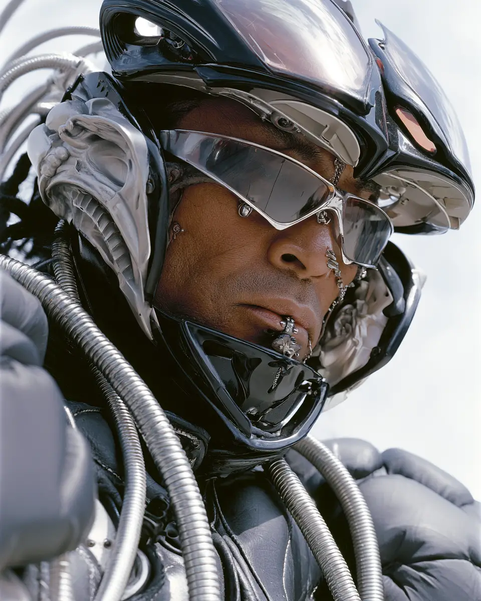Retrato intenso de motorista con casco futurista y piercings