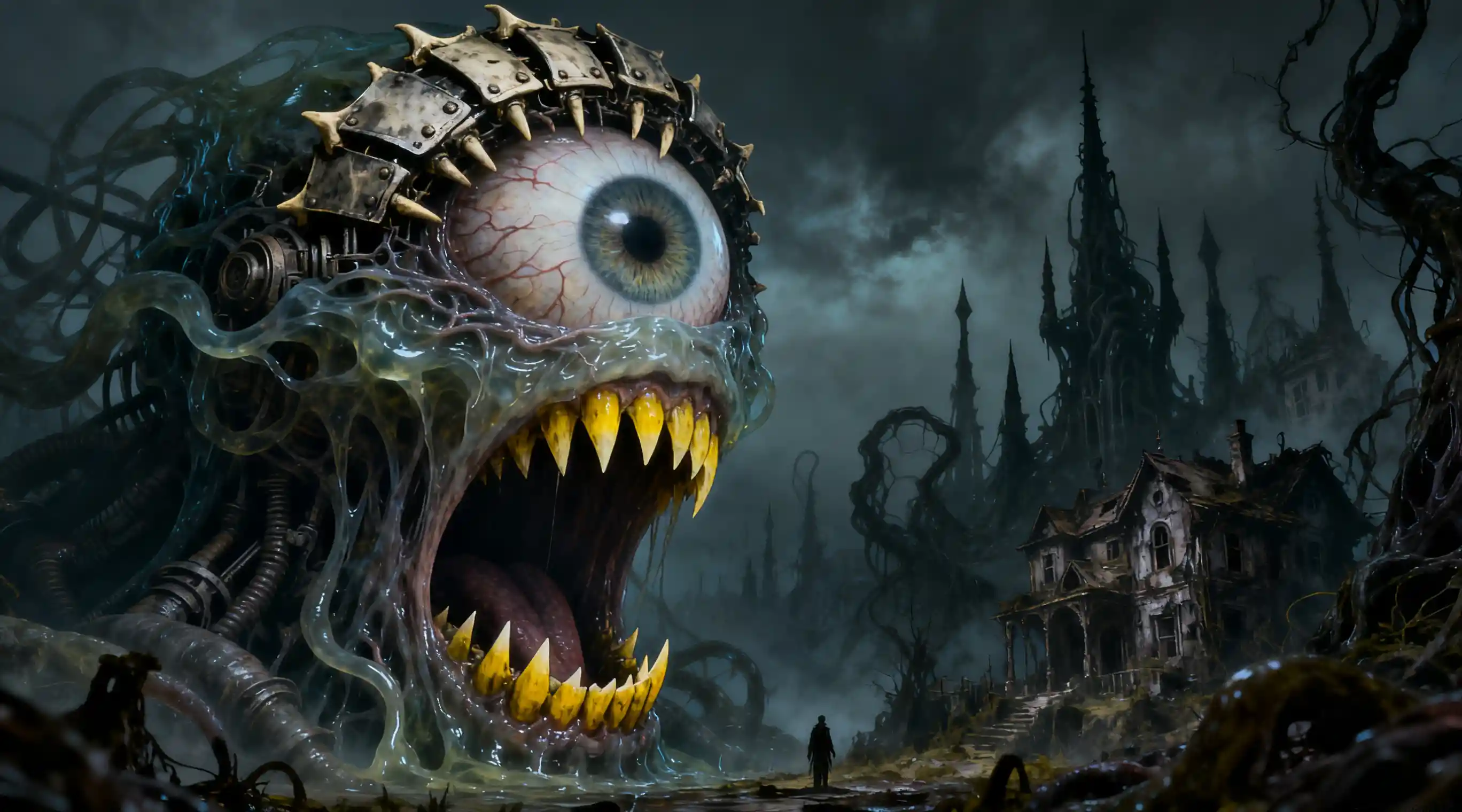 Grotesque Eyeball Monster Approaching Twisted Dystopian Ruins