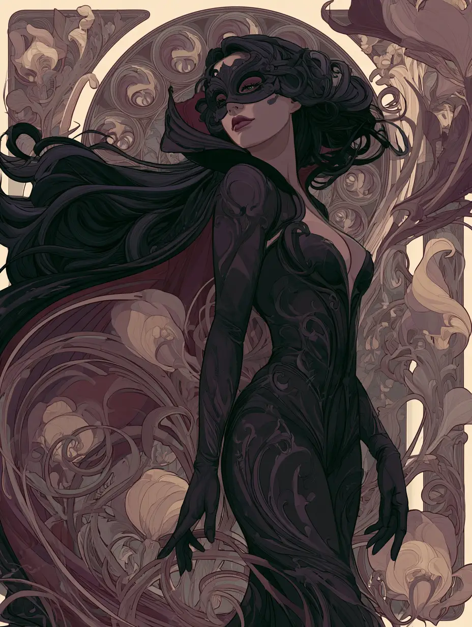 Masked vampire woman entering an art nouveau halloween party