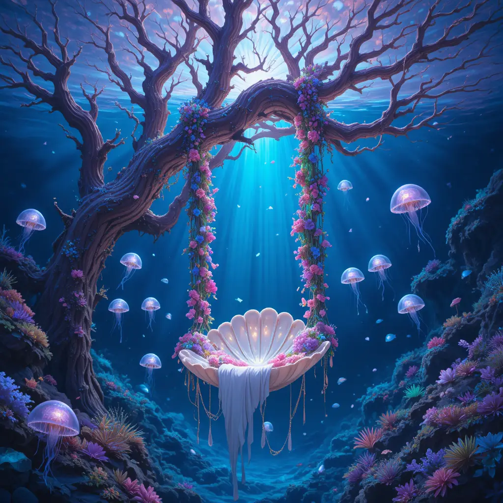Balanço Subaquático Encantado sob uma Árvore de Coral Brilhante