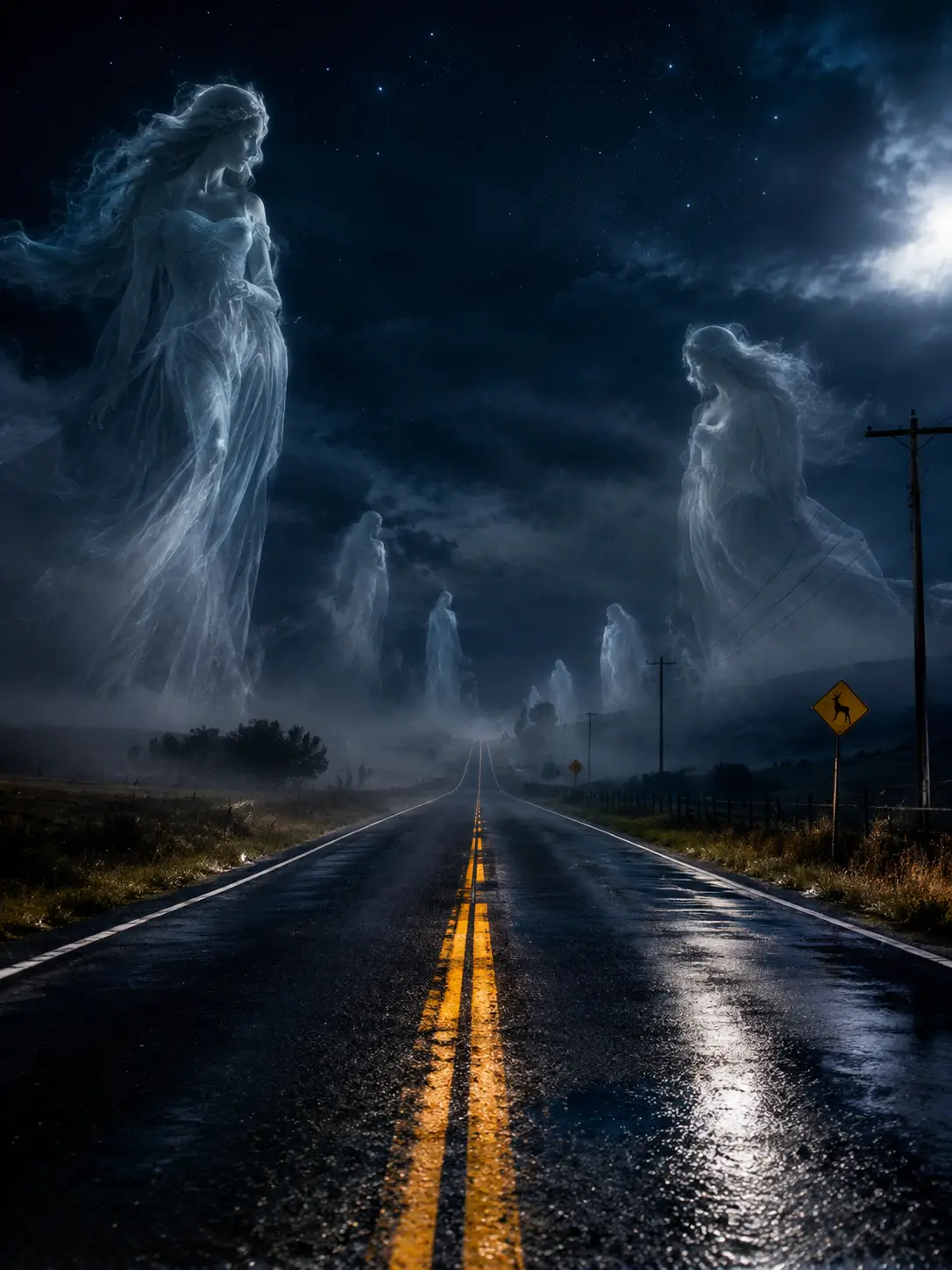 Carretera Nocturna Escalofriante con Figuras Fantasmales y Faros de Coche
