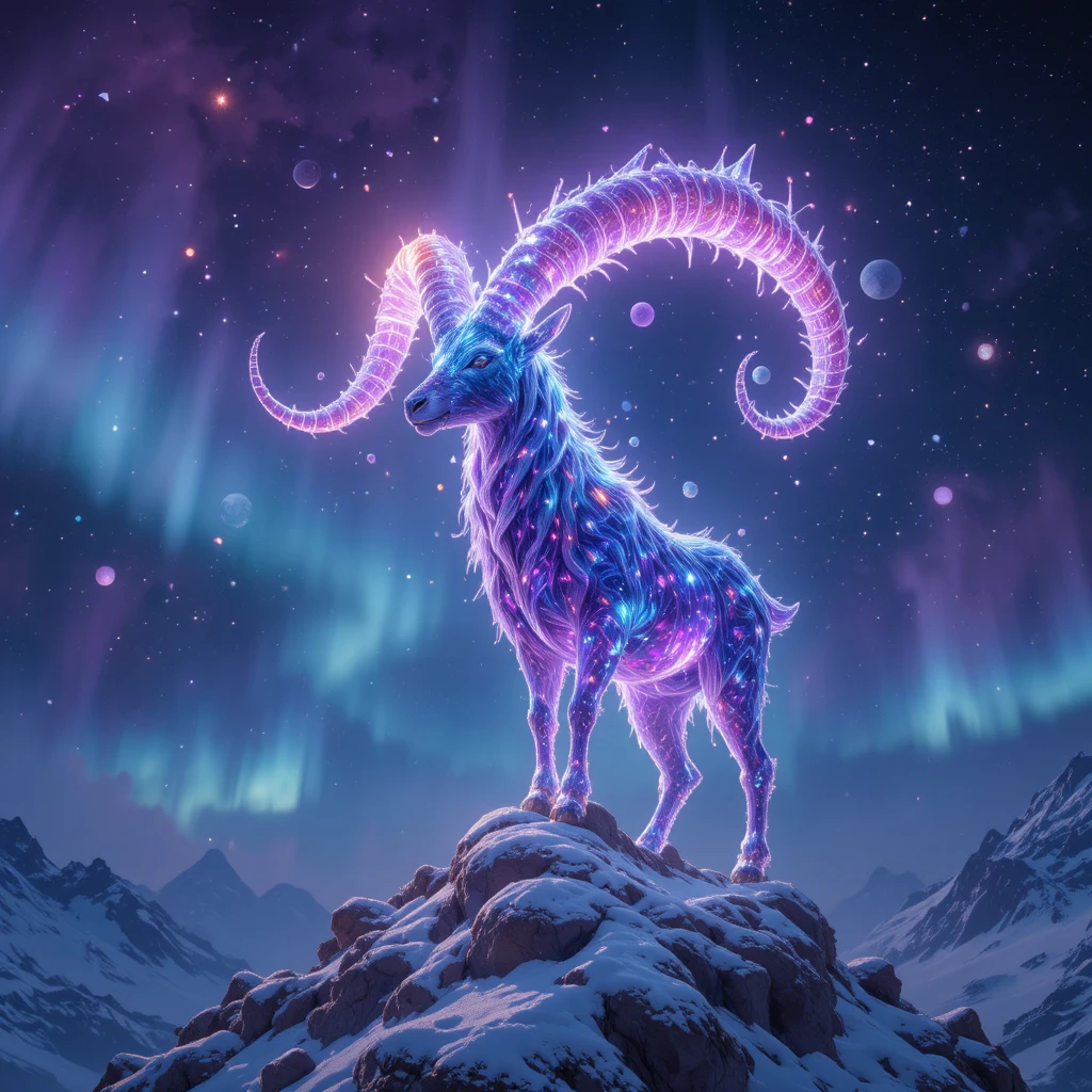 Crystal horned mountain goat under a luminous midnight sky