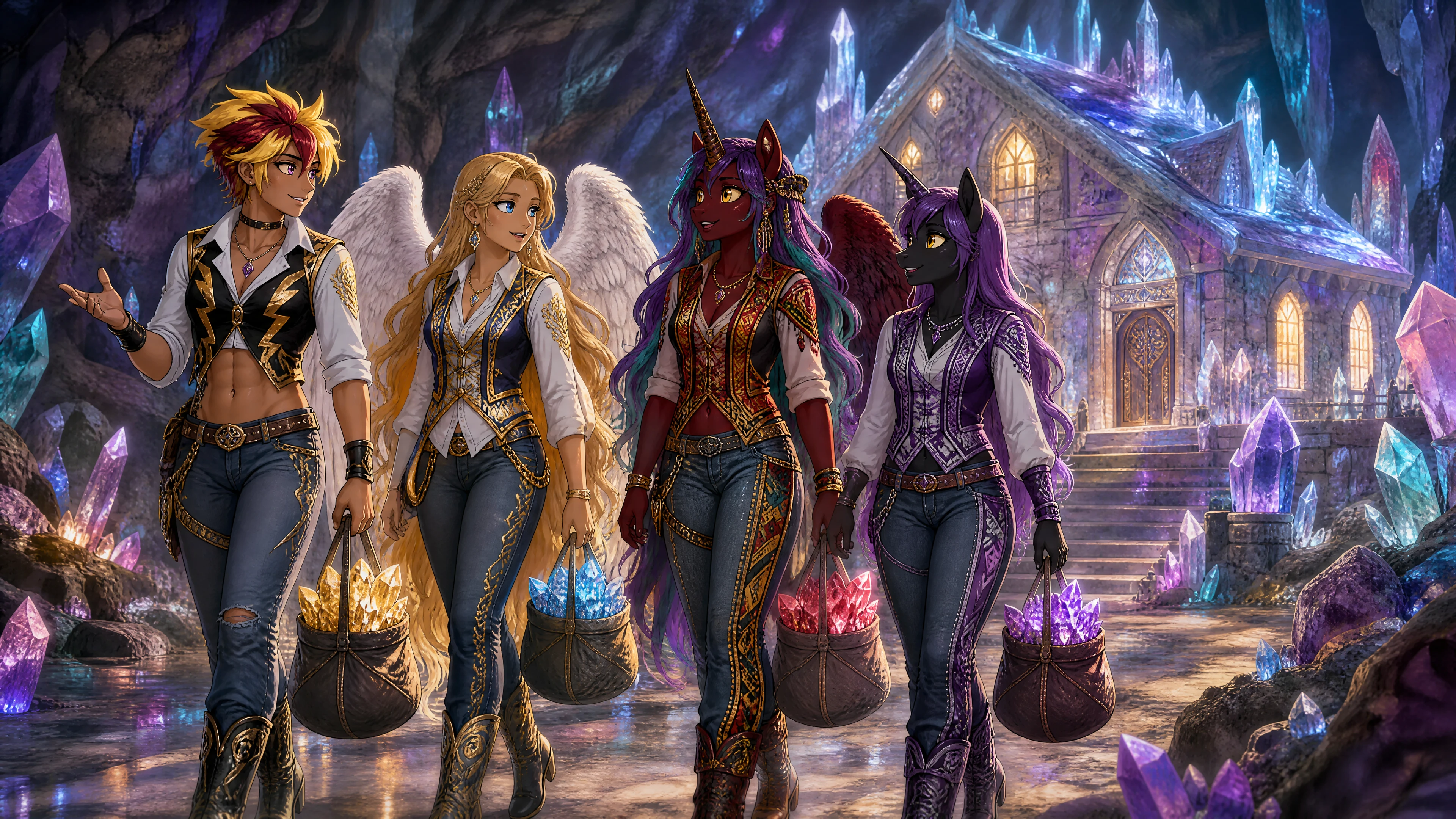 Four fantasy women walking through a glowing crystal cavern