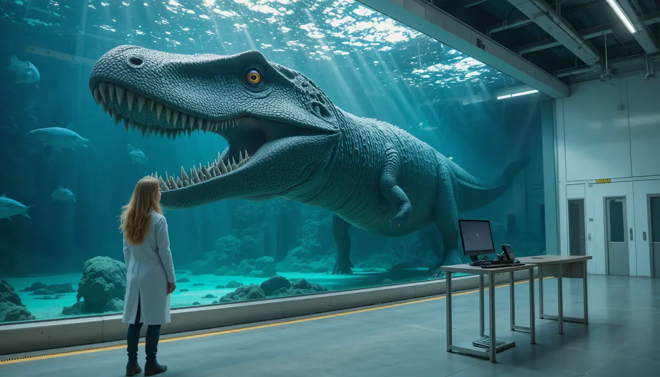 Mosasaurus In Aquarium Tank Beside Focused Woman Scientist