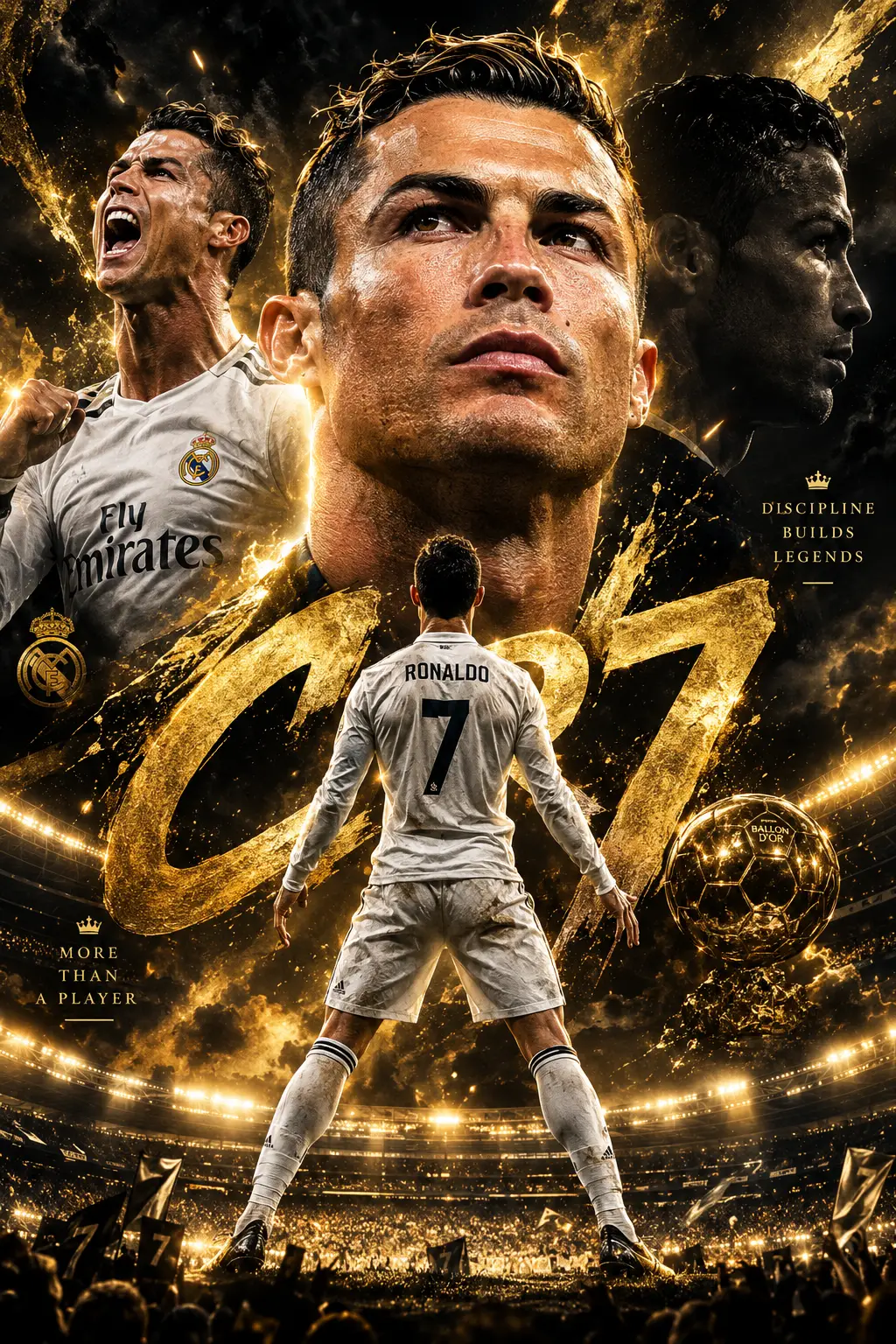 Legendary football icon poster in black and gold stadium