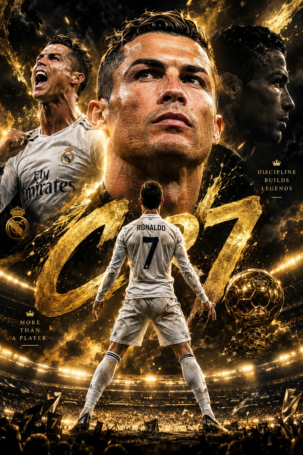 Legendary football icon poster in black and gold stadium