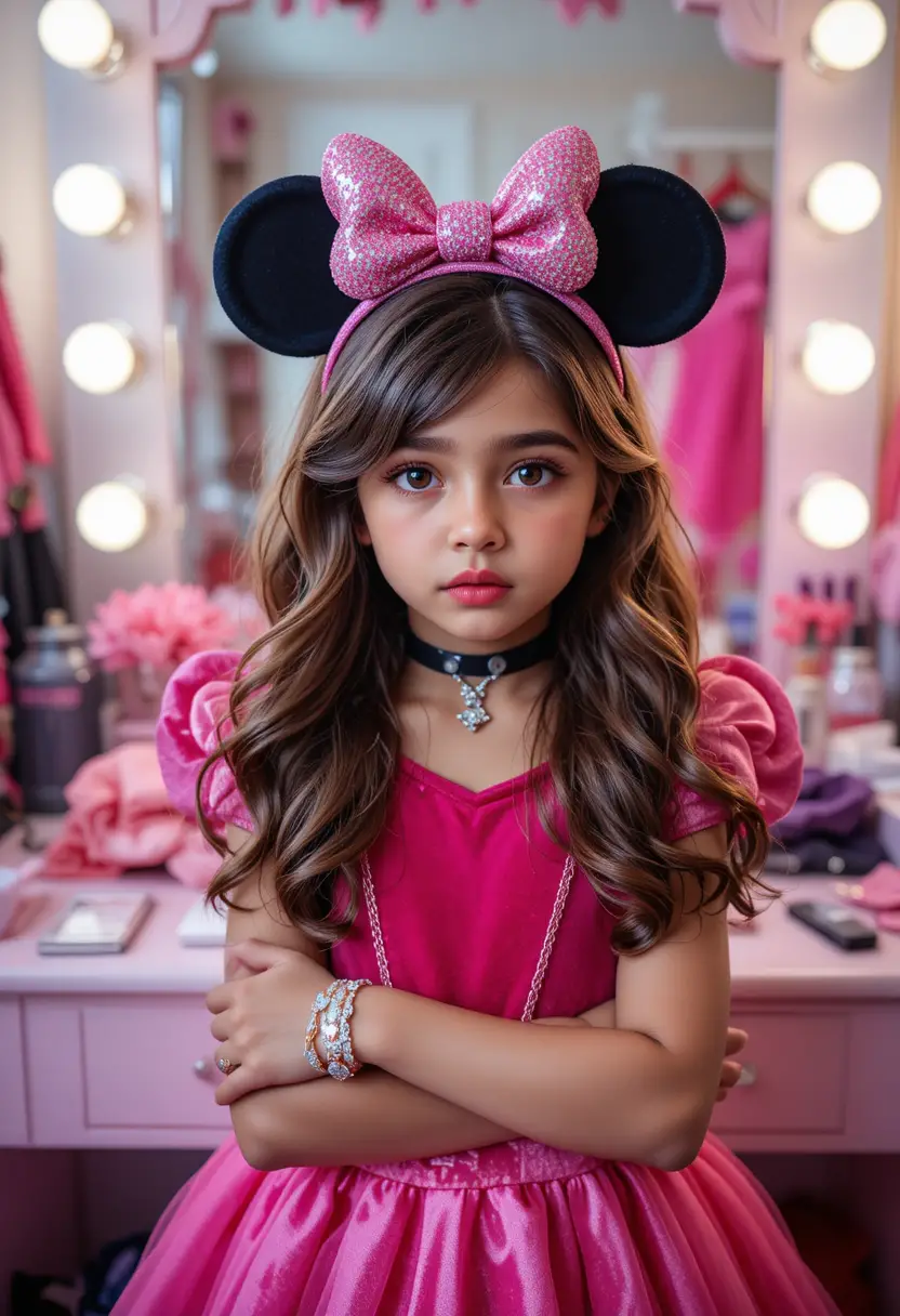 Boy In Princess Minnie Costume At Pink Vanity Mirror