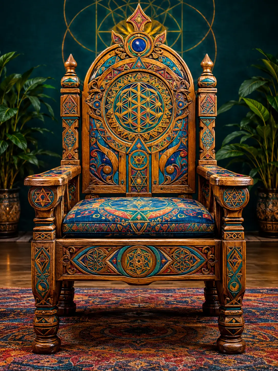 Silla de madera colorida y ornamentada con patrones geométricos tallados