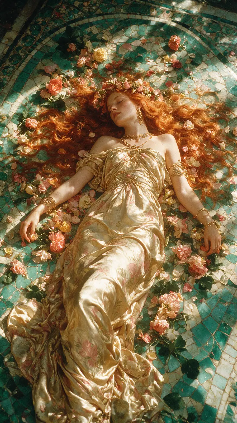 Woman in gold dress on ornate turquoise mosaic floor