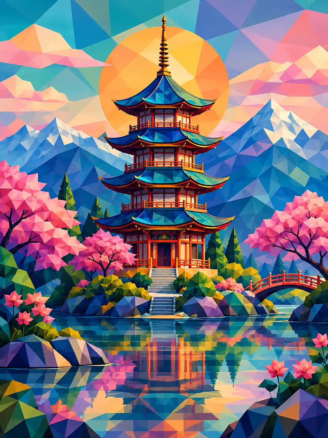 Pagode geométrico colorido em uma paisagem abstrata serena