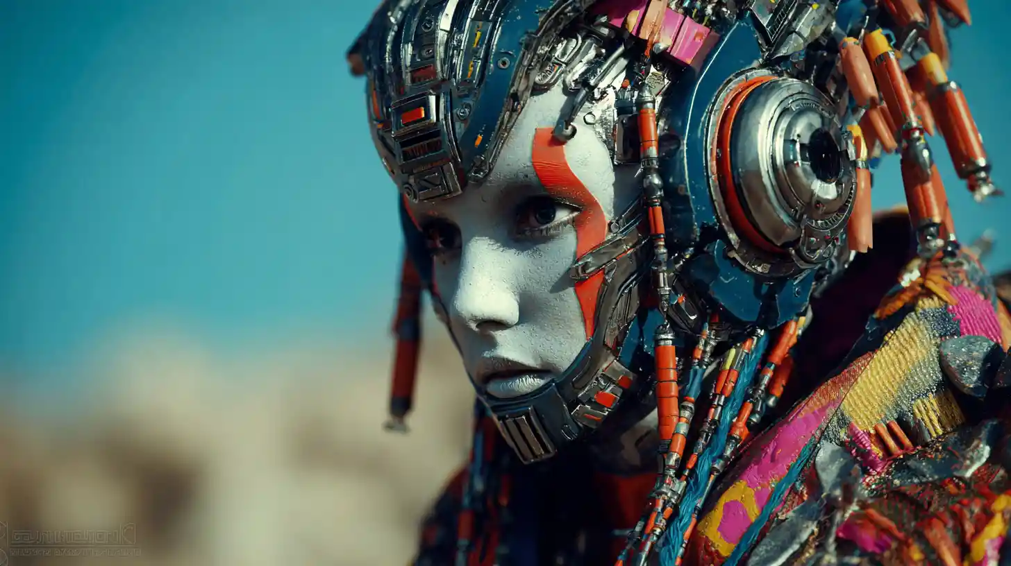 Mujer tribal de ciencia ficción en una ciudad utópica espacial futurista