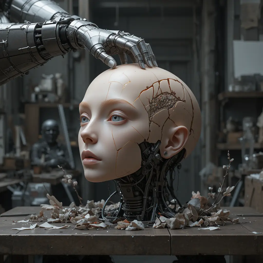 Graphite drawing of android assembly with headless girl body