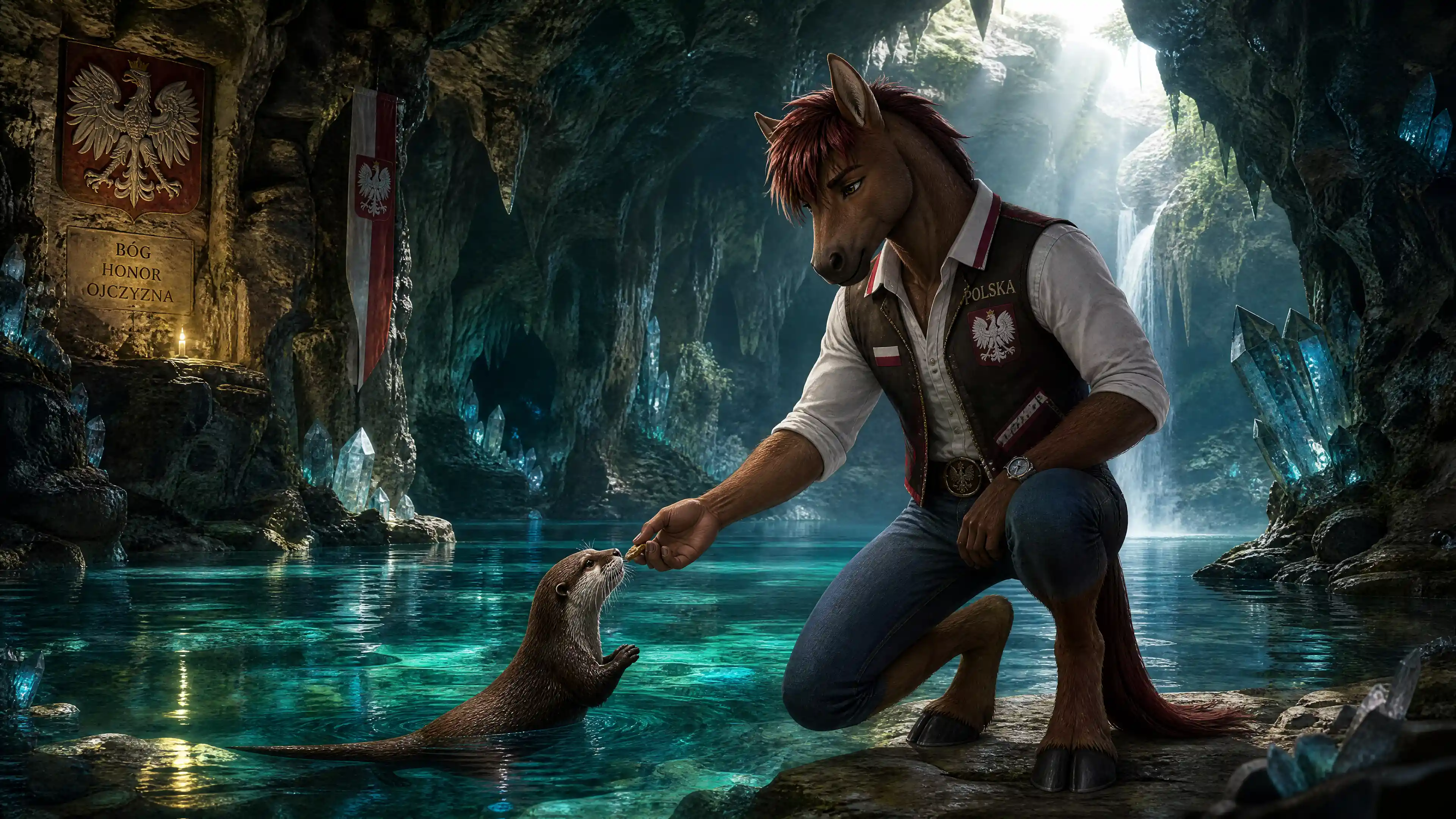 Anthro mule feeding an otter in a crystal cavern pool