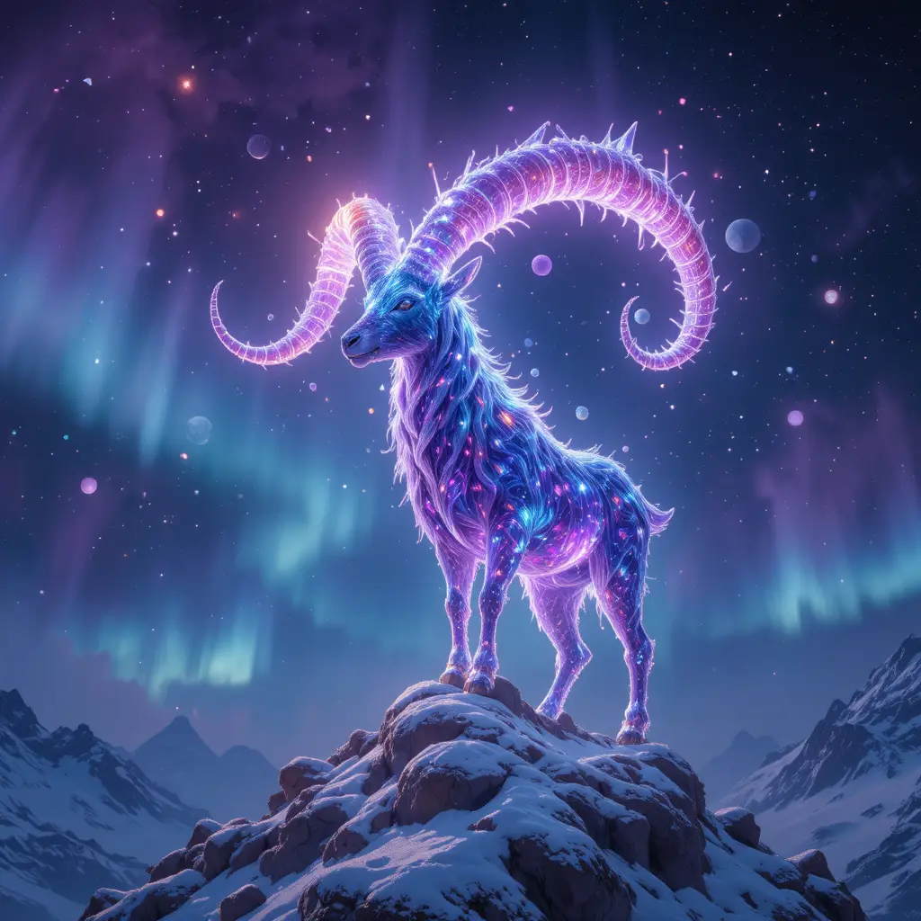 Crystal horned mountain goat under a luminous midnight sky