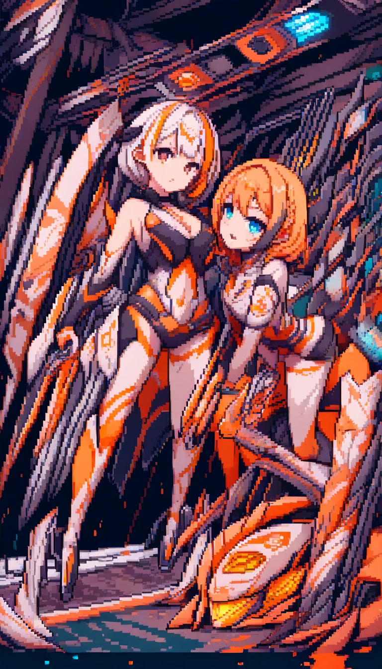 Two anime girls in a neon lit pixel art bedroom