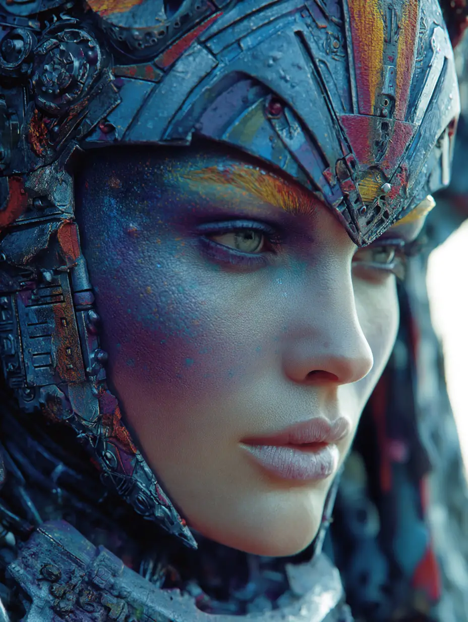 Mujer tribal de ciencia ficción en una ciudad utópica futurista