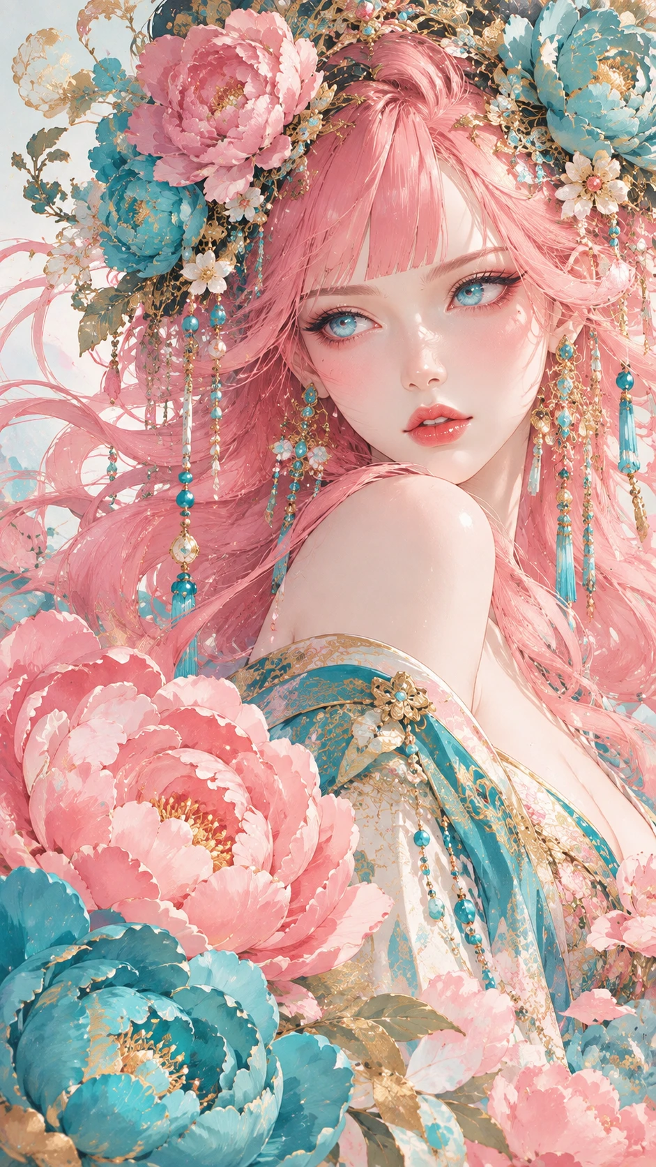 Chica de anime con elaborado tocado floral y colores suaves