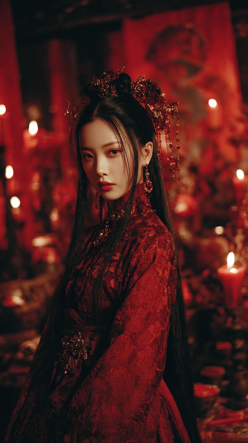 Dark fantasy queen in crimson hanfu before a blood moon
