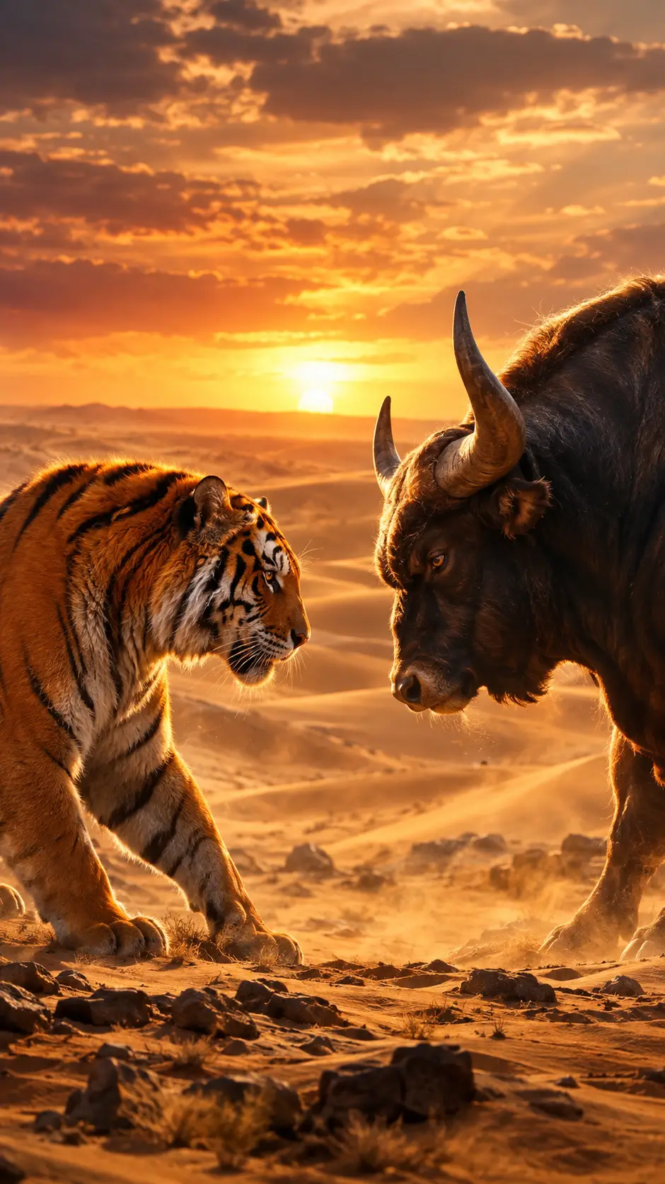 Enfrentamiento entre tigre y toro en un desierto dorado al atardecer