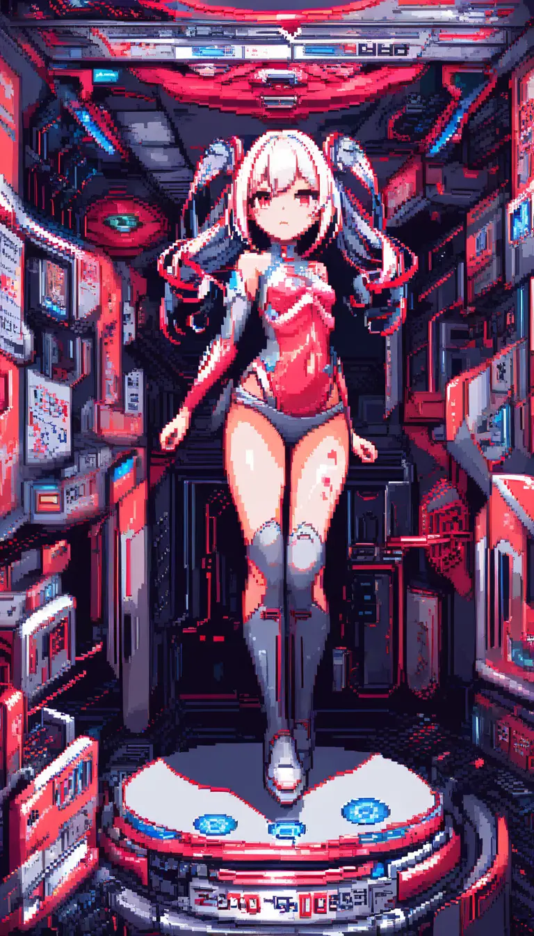 Two anime girls in a pixel art bedroom scene