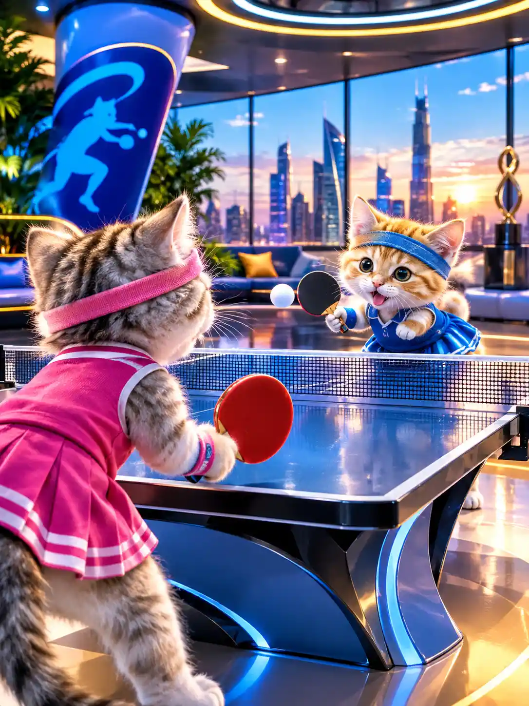 Two playful kitties playing ping pong in a futuristic hall