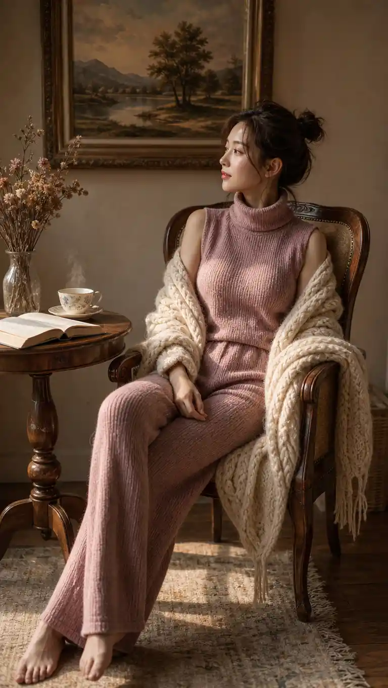 Woman resting on chair with tea book and soft shawl