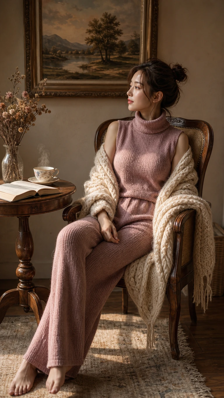 Woman resting on chair with tea book and soft shawl