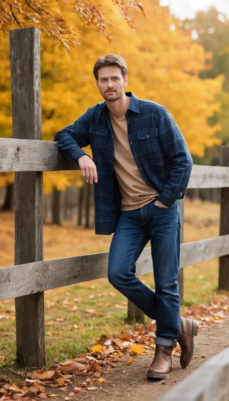 Man leaning on wooden fence in golden autumn forest