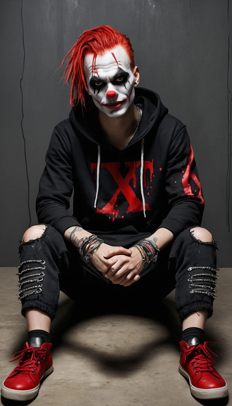 Punk man in clown makeup sitting in dramatic studio
