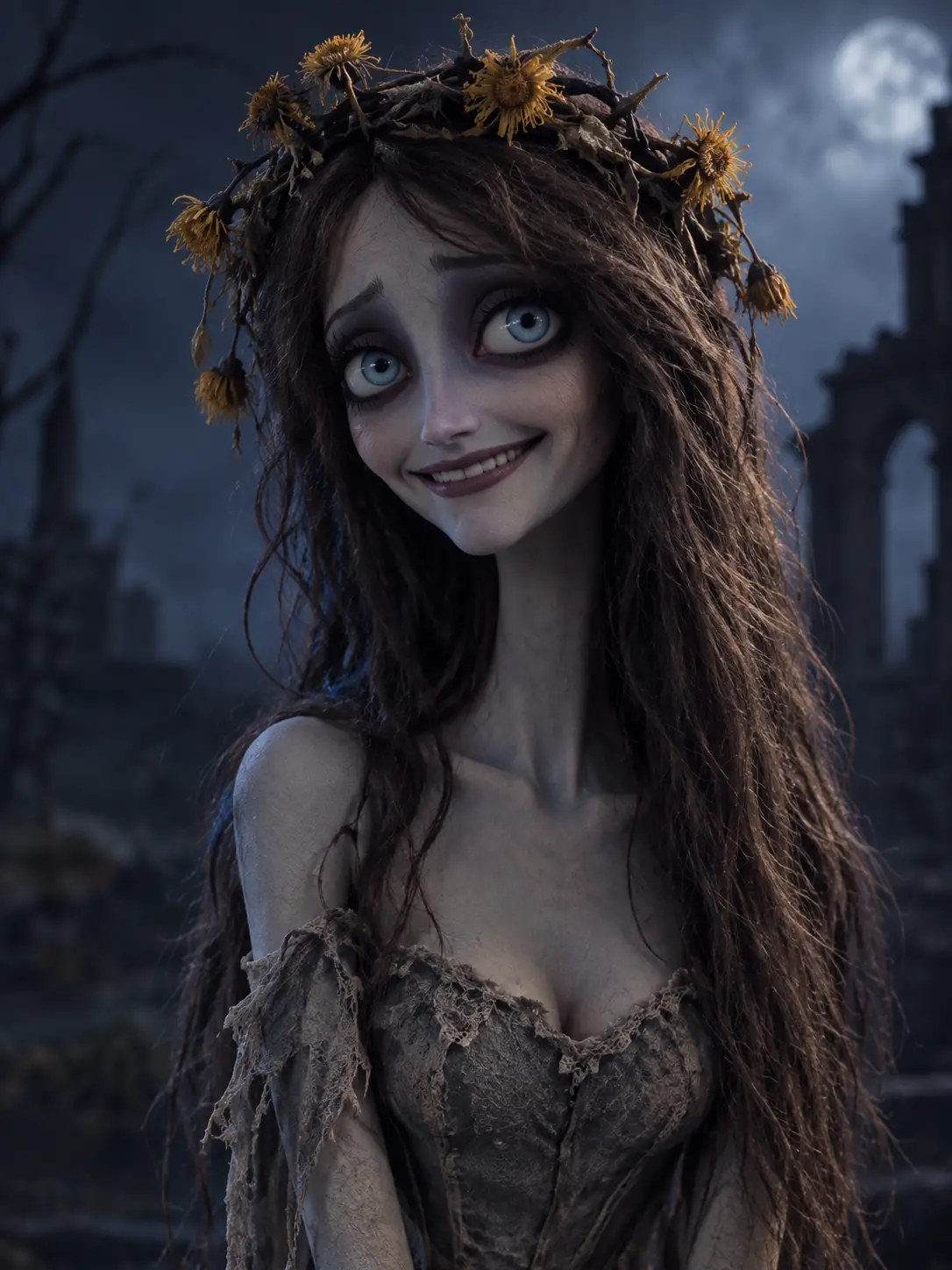 Sad pale woman puppet with gothic dandelion crown