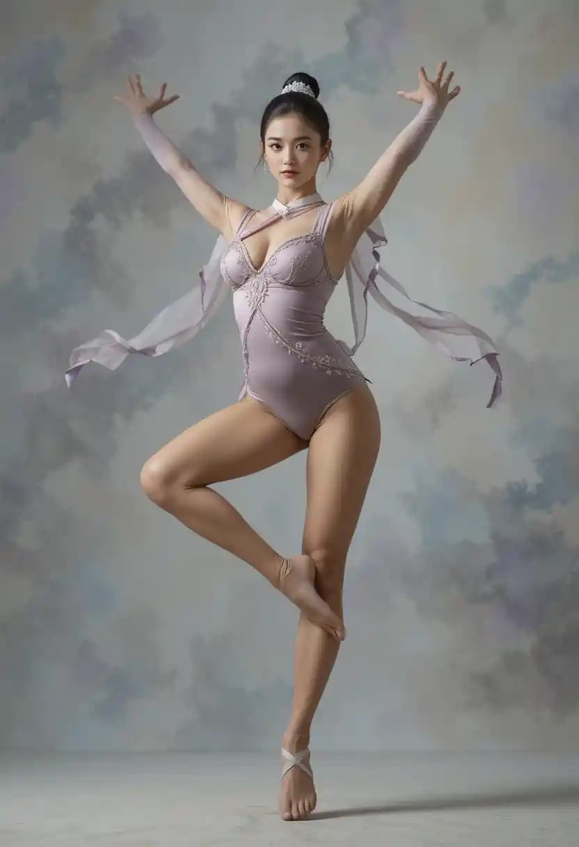Rhythmic gymnast balancing en pointe with raised vertical leg