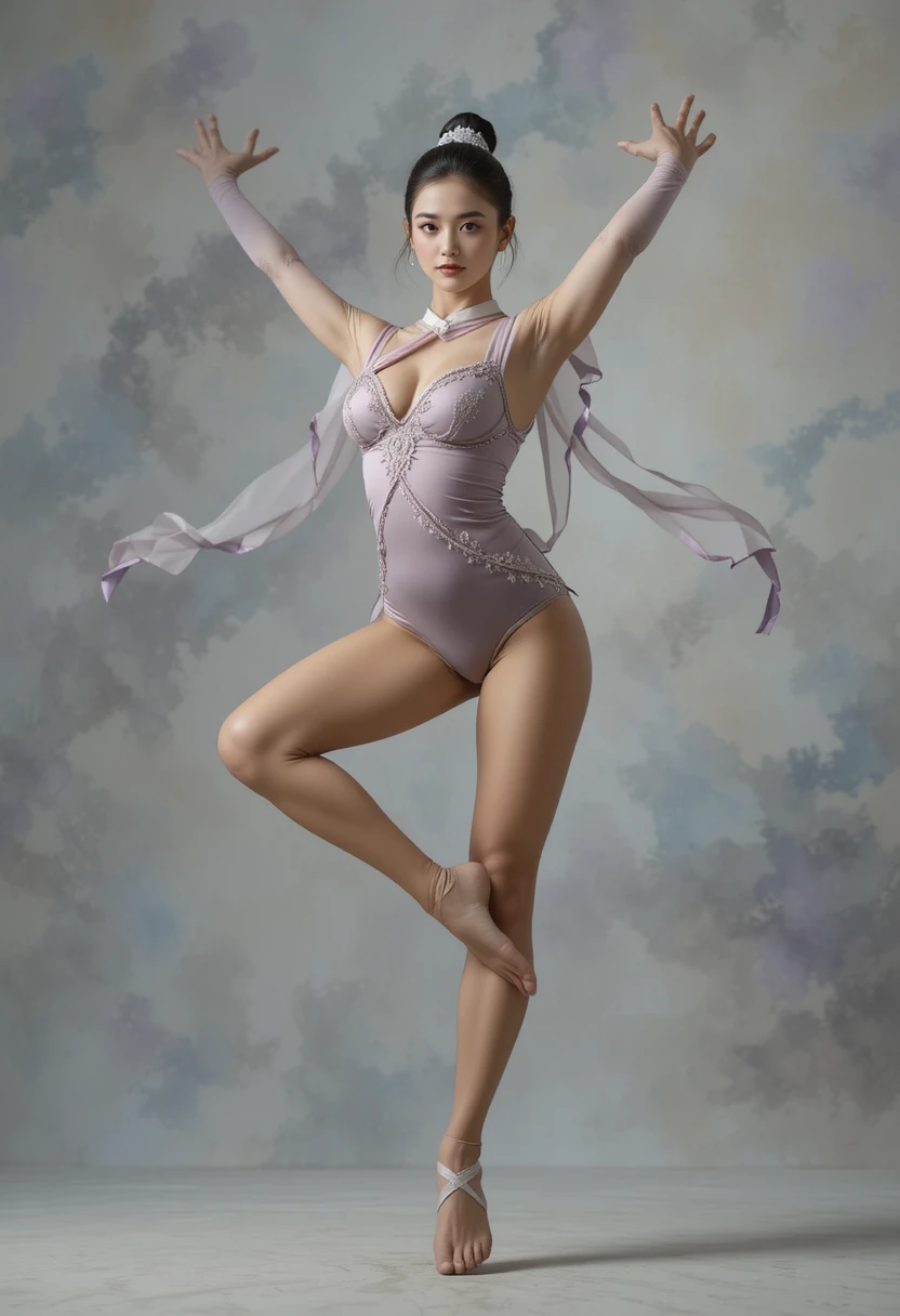Rhythmic gymnast balancing en pointe with raised vertical leg