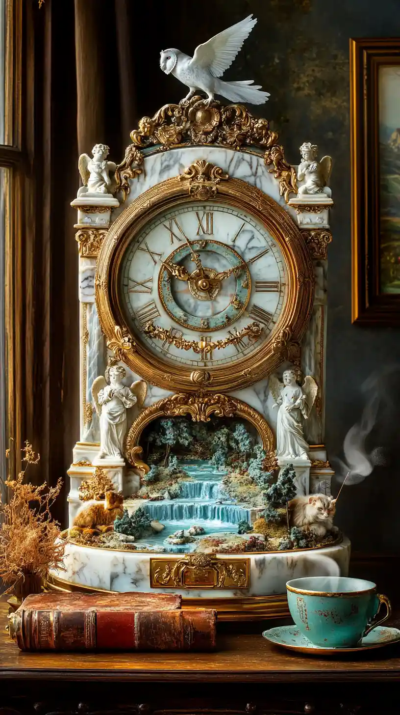 Surreal marble clockwork world on a wooden desk at sunset