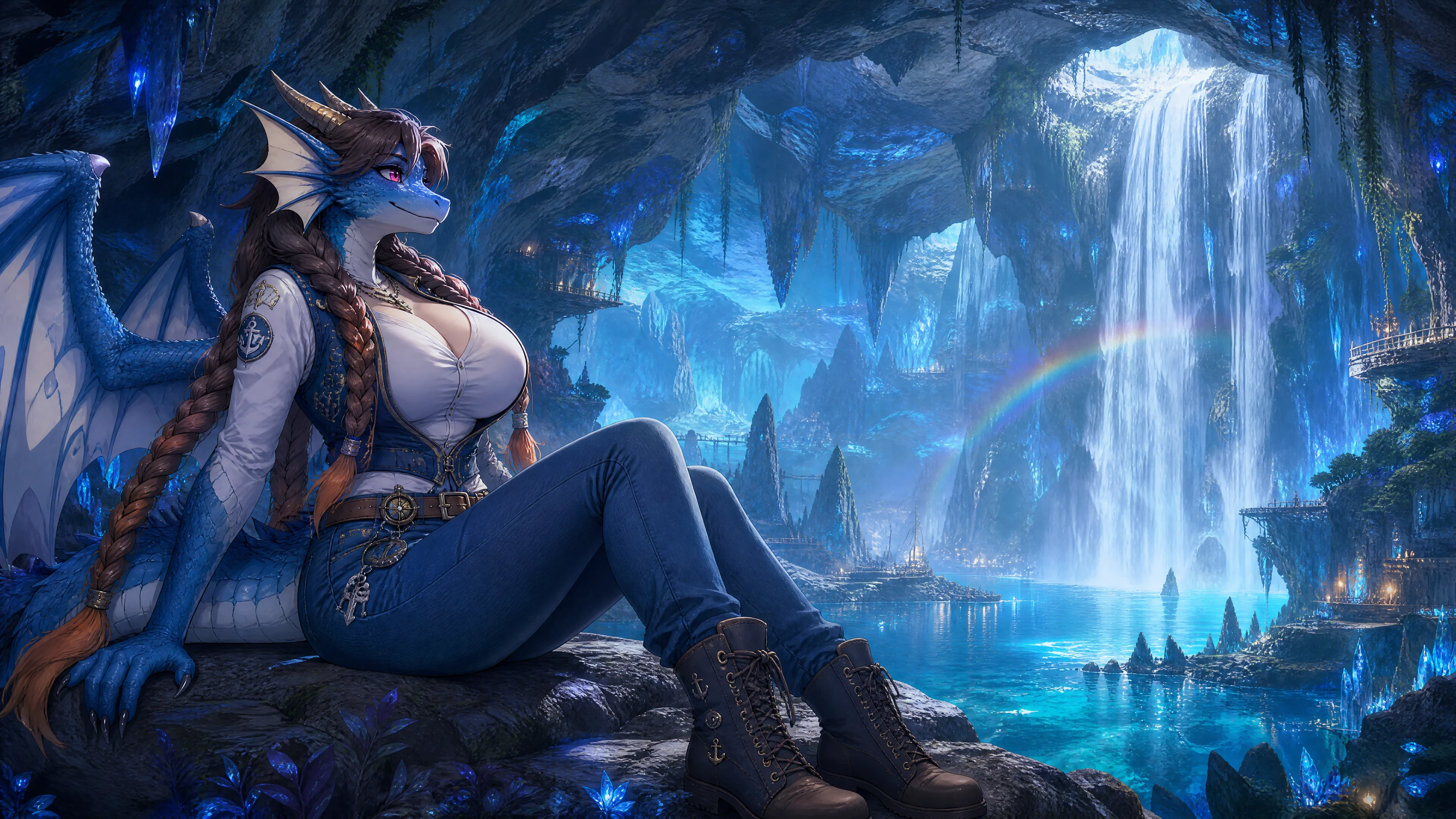 Anthro-Drachenfrau beobachtet Wasserfall in Kristallhöhle