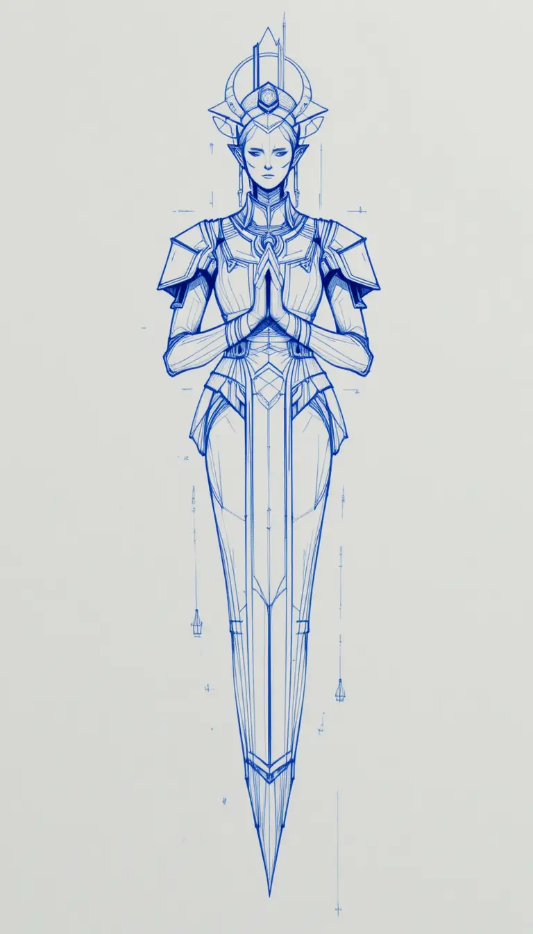 Mystical robed figure floating in symmetrical ink drawing