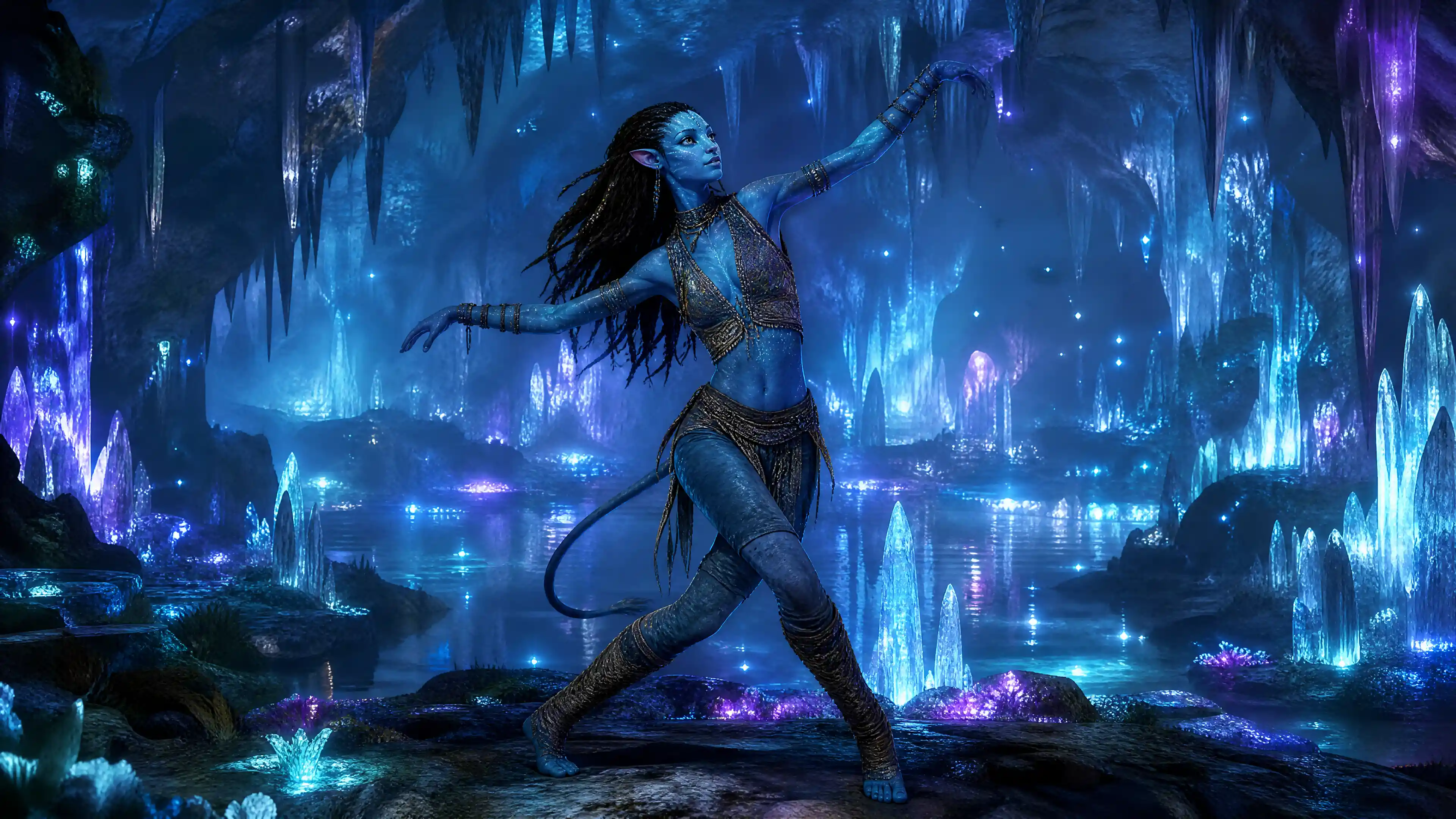 Donna Na’vi che danza in una grotta di cristalli luminosi