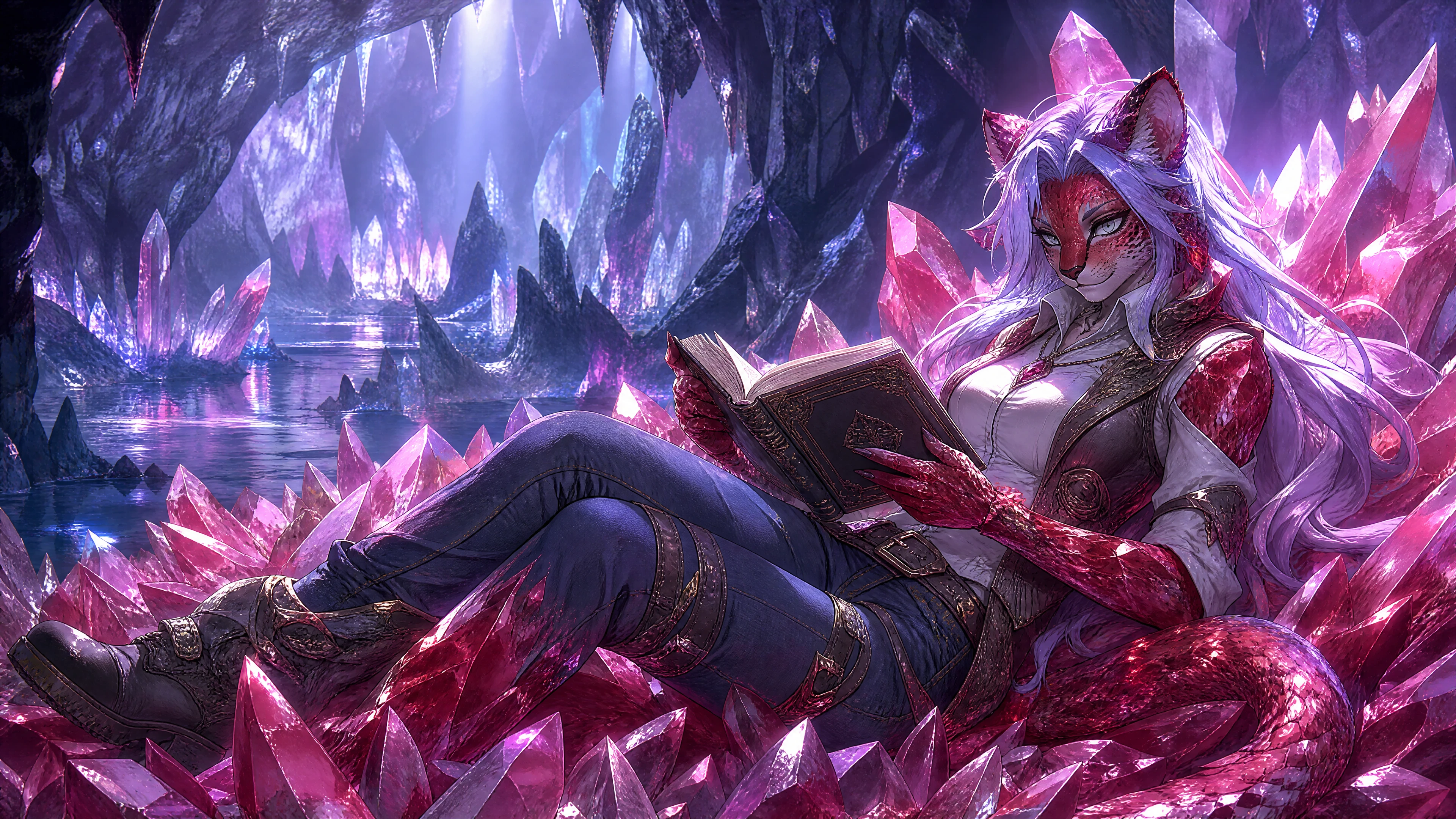 Red crystal cheetah woman reading on shards in a cavern