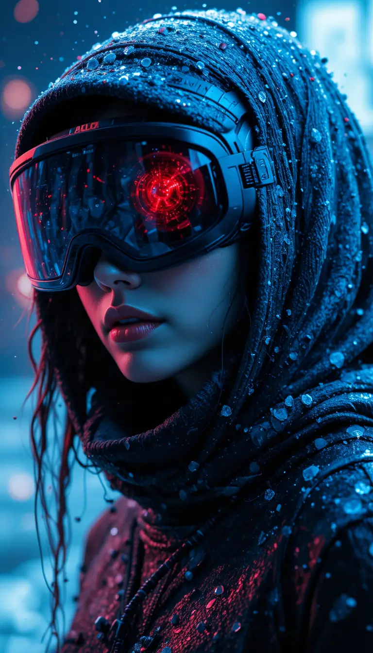 Ritratto di esploratrice brasiliana cyberpunk con visore futuristico