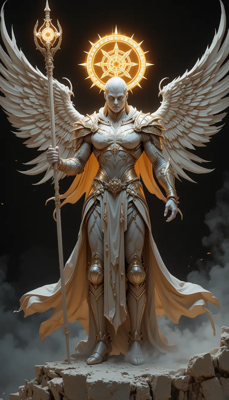 Guerriera celestiale con ali radianti e arma sacra