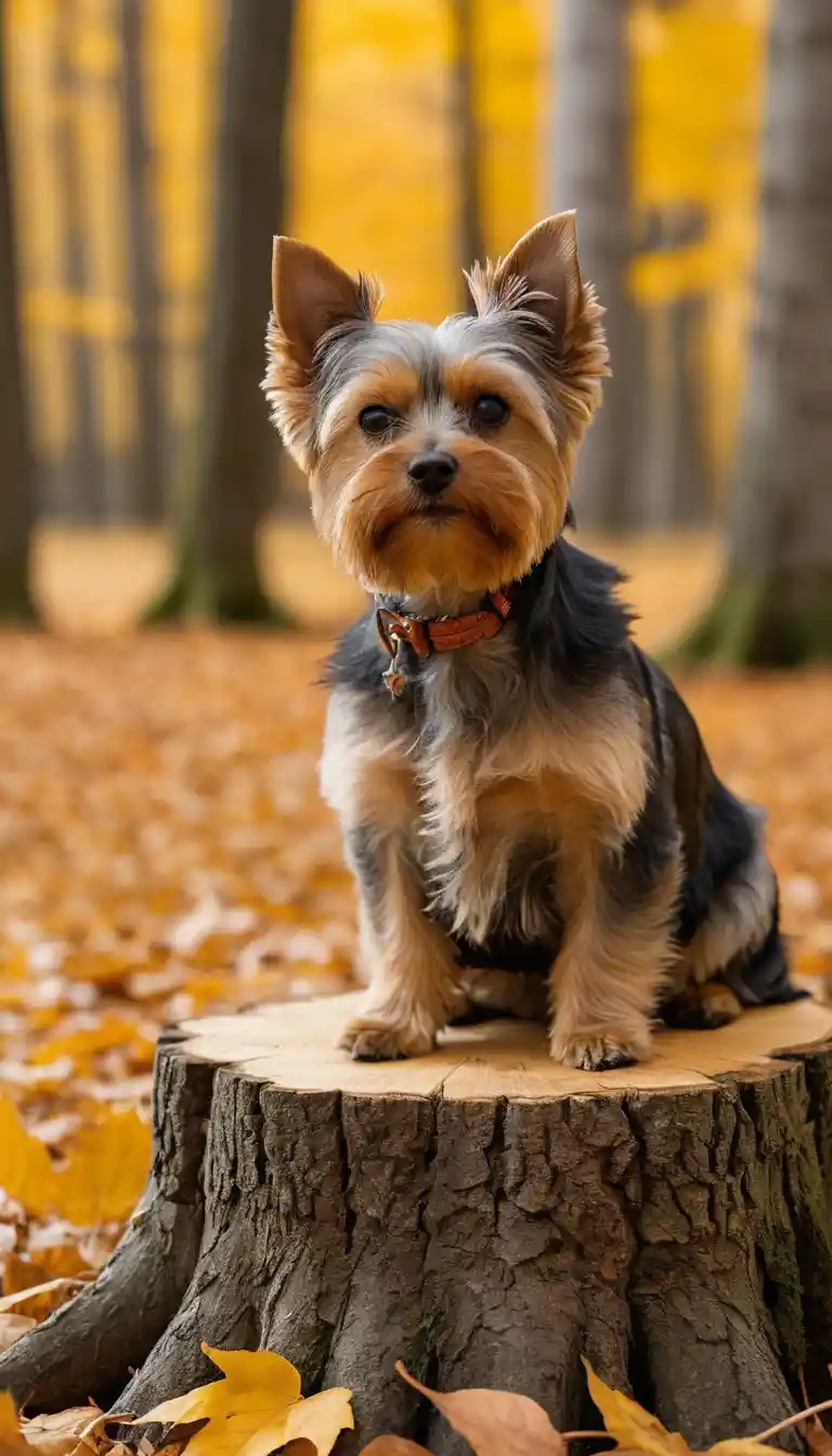 Yorkshire Terrier mit Herbstblättern auf einem Baumstumpf im Wald