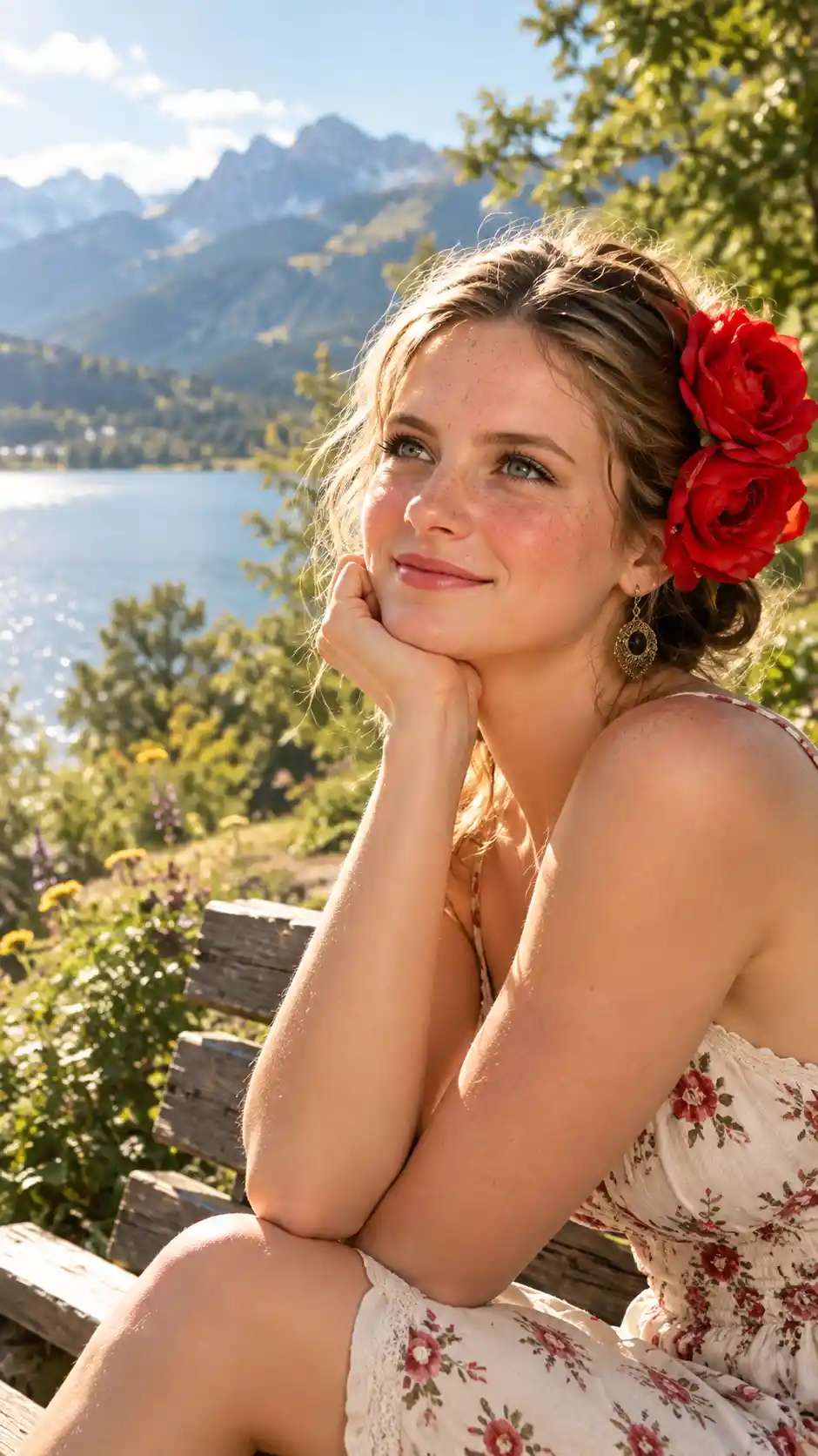 Smiling young girl on a bench in sunlit nature