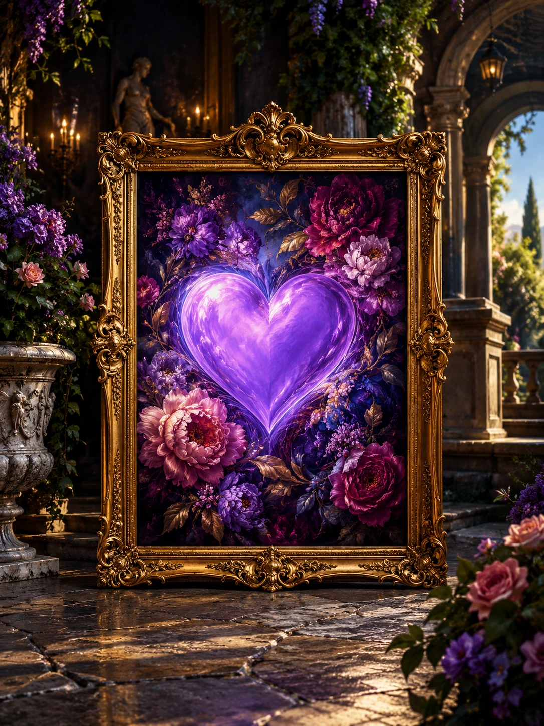 Peinture de cœur lilas dans une cour baroque florale