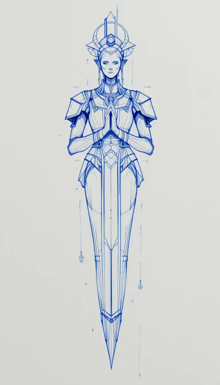 Mystical robed figure floating in symmetrical ink drawing