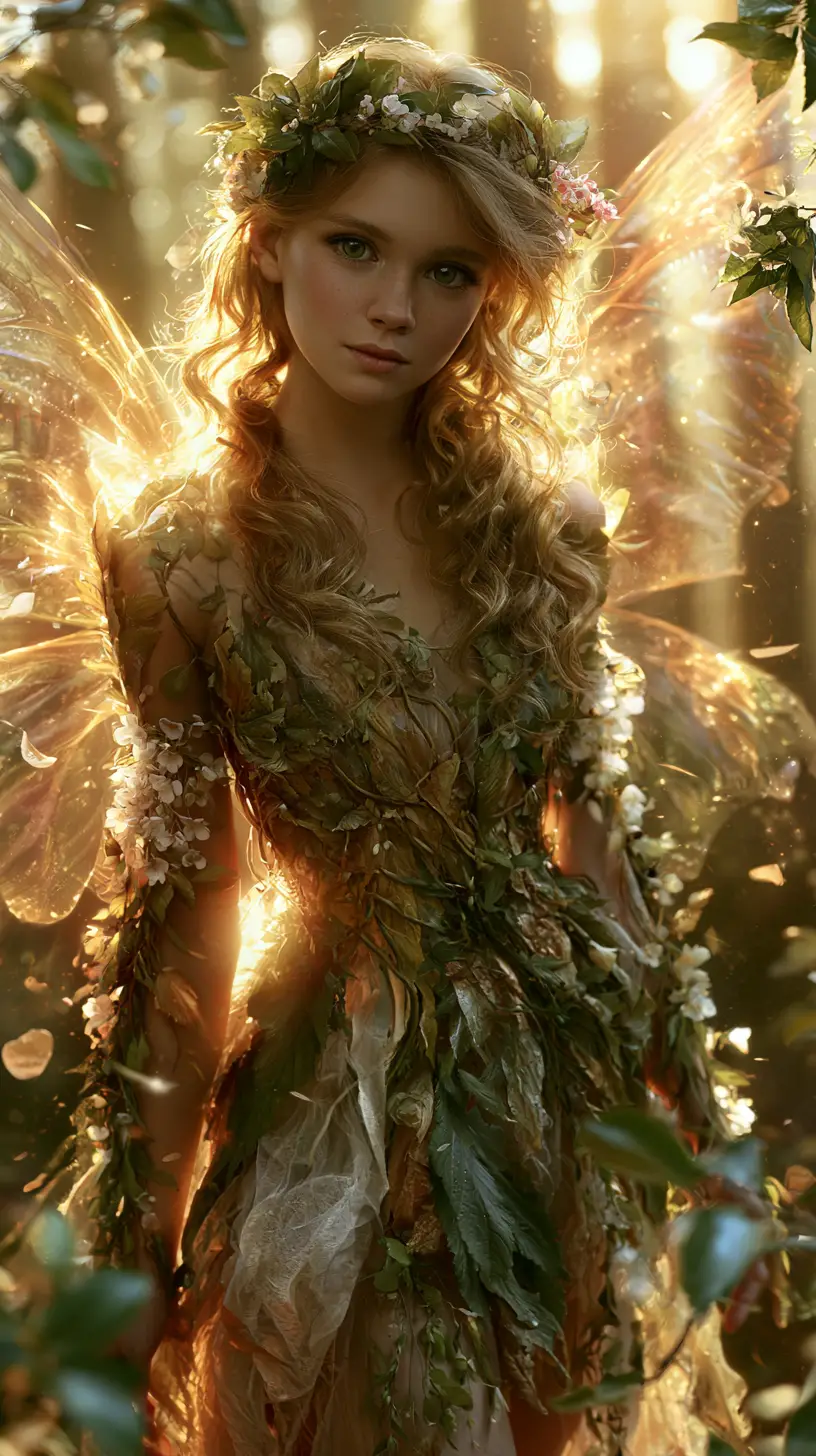 Ethereal forest fairy bathed in soft golden sunlight