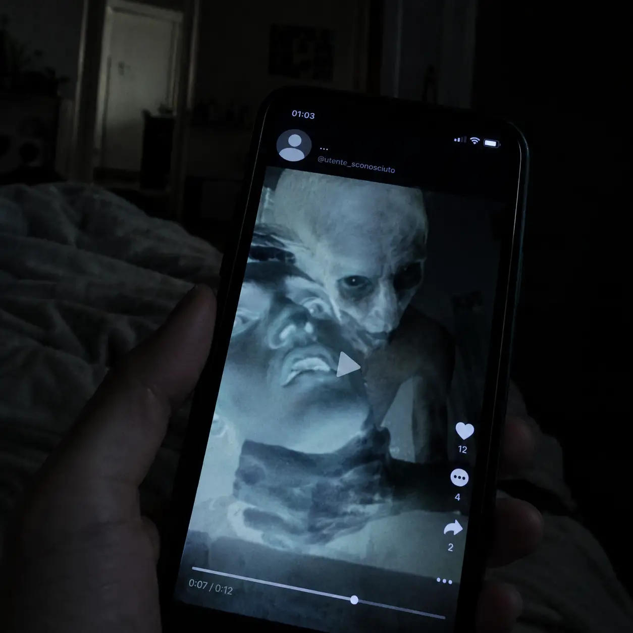 Woman using inverted tiktok filter in a dark bedroom