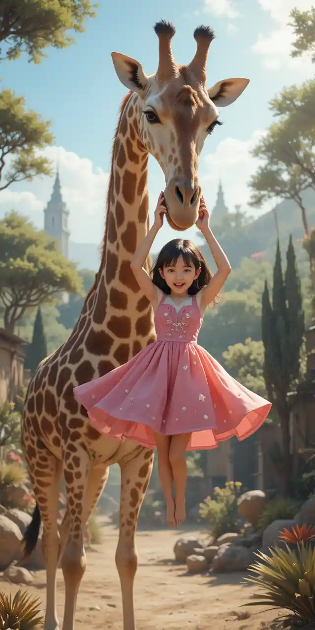 Young girl lifted by a gentle giraffe in sunny zoo enclosure