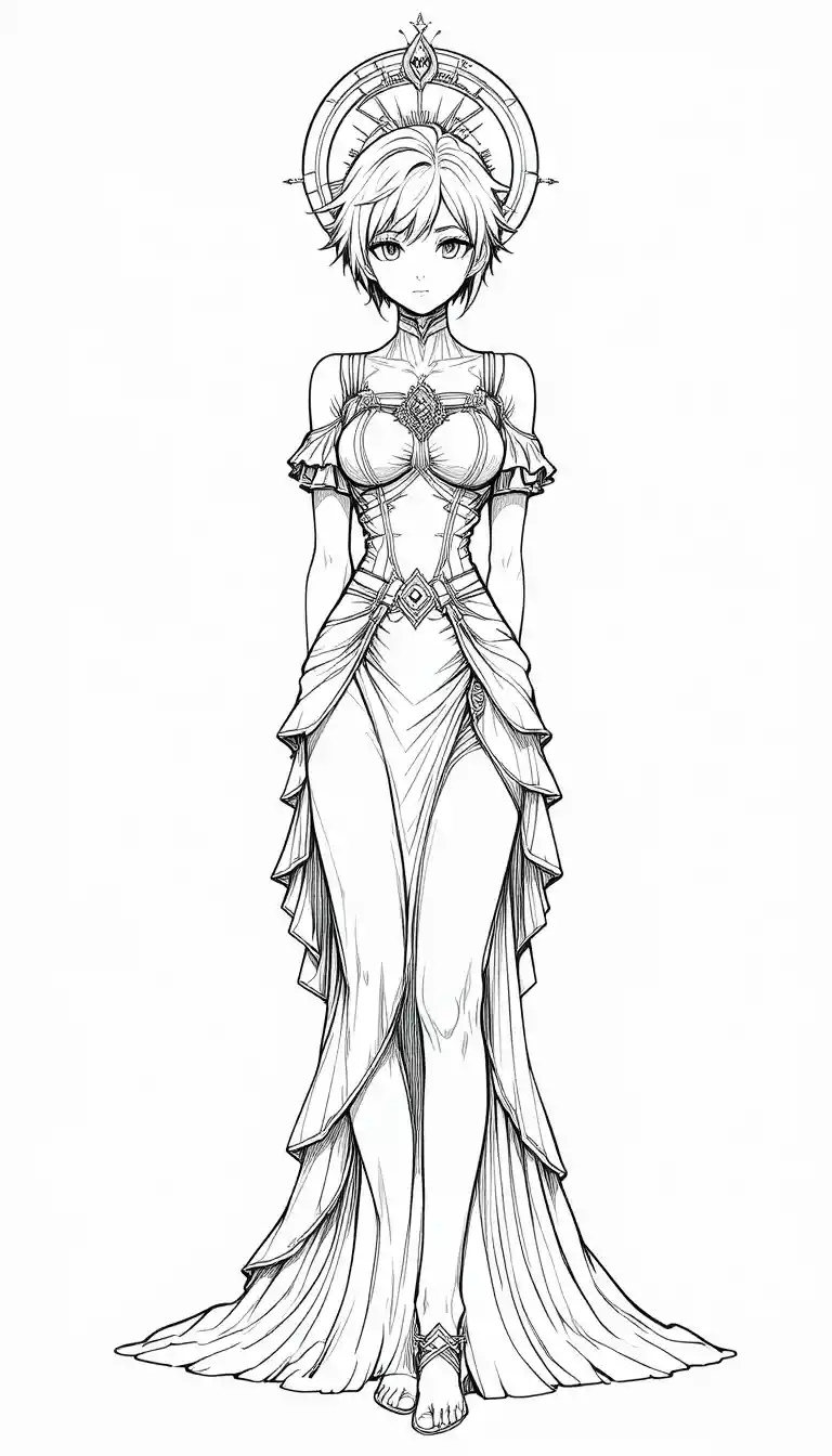 Monochrome manga woman in flowing gown with halo