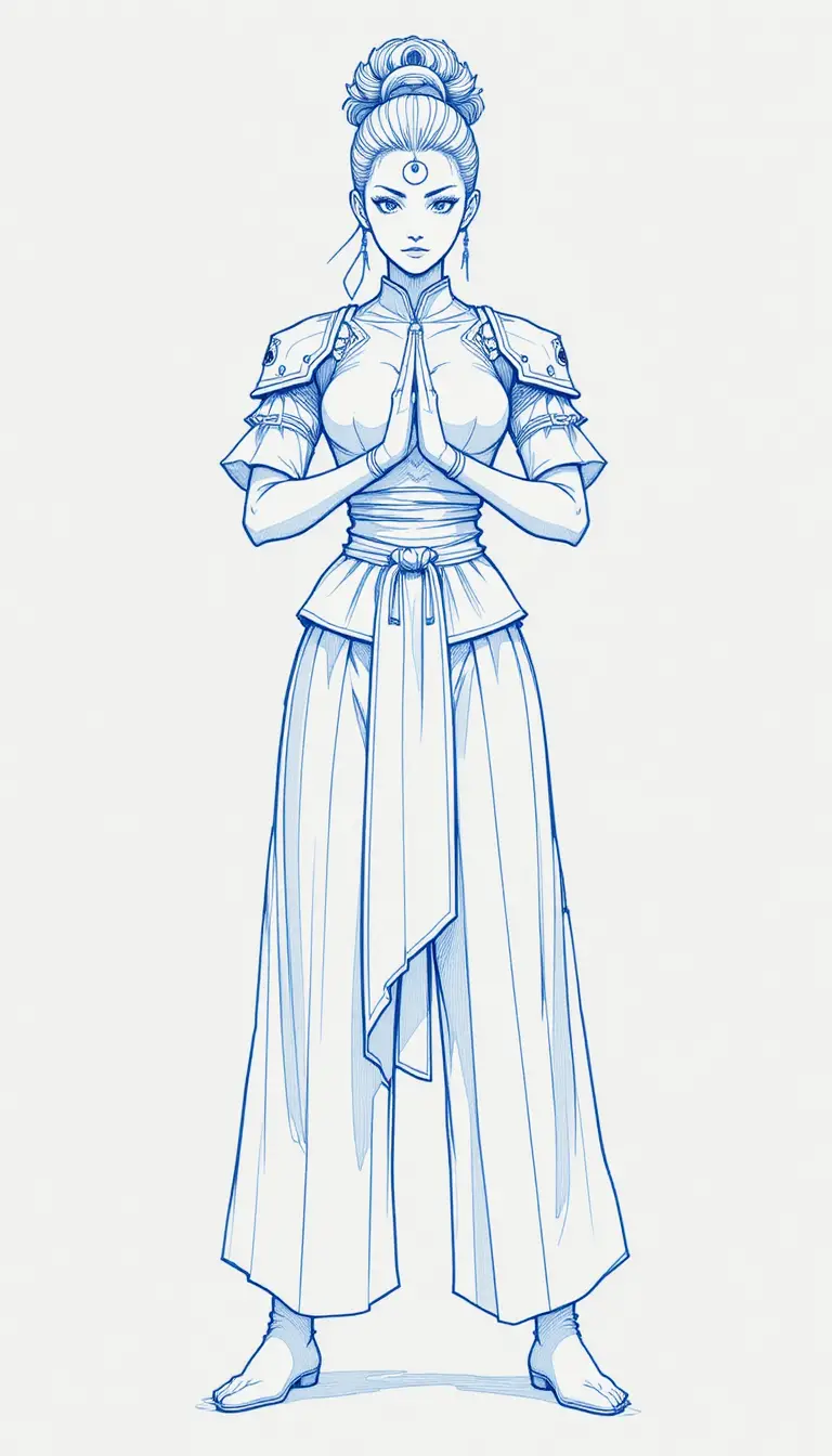 Nineties anime martial artist character sheet front pose